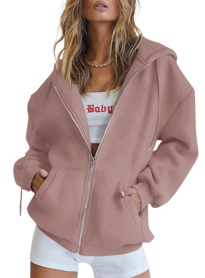 Women's Zip-Up Hooded Track Jacket with Pockets