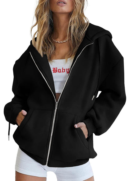 Women's Zip-Up Hooded Track Jacket with Pockets
