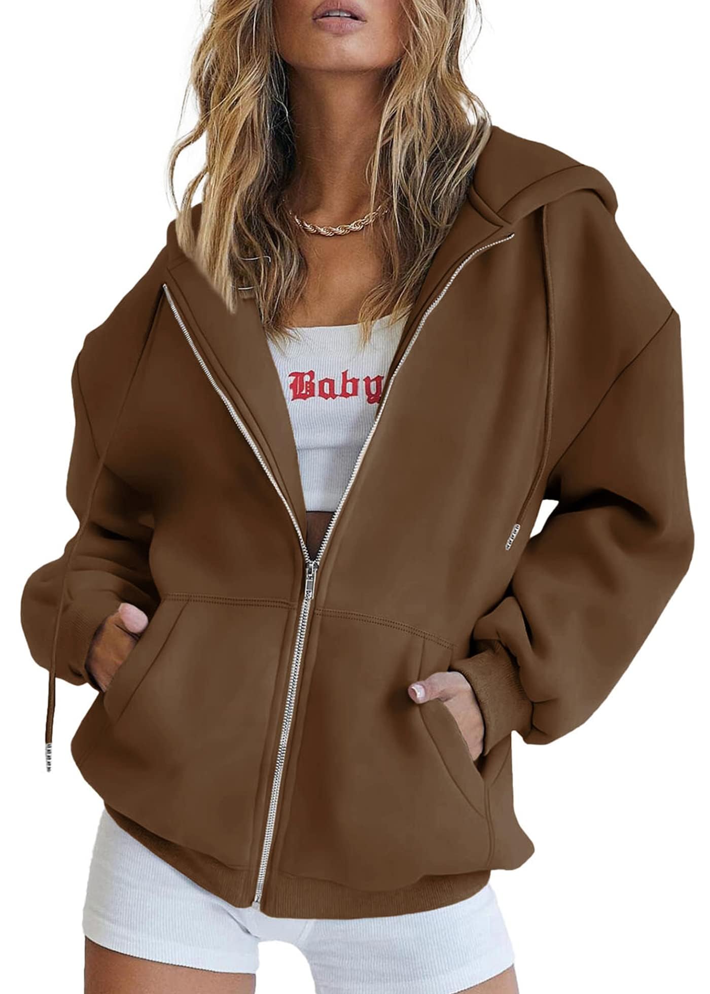 Women's Zip-Up Hooded Track Jacket with Pockets