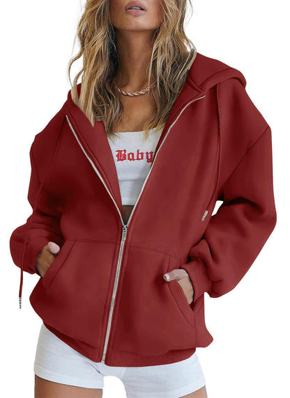 Women's Zip-Up Hooded Track Jacket with Pockets