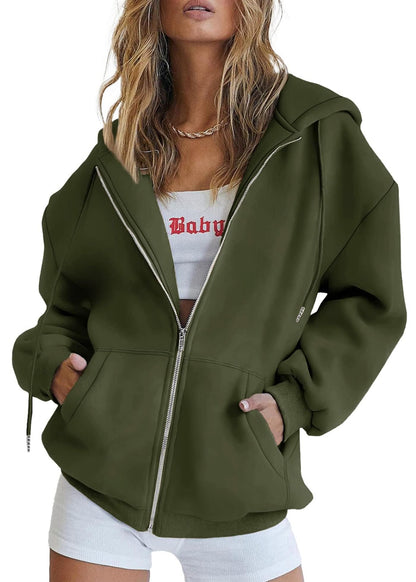 Women's Zip-Up Hooded Track Jacket with Pockets