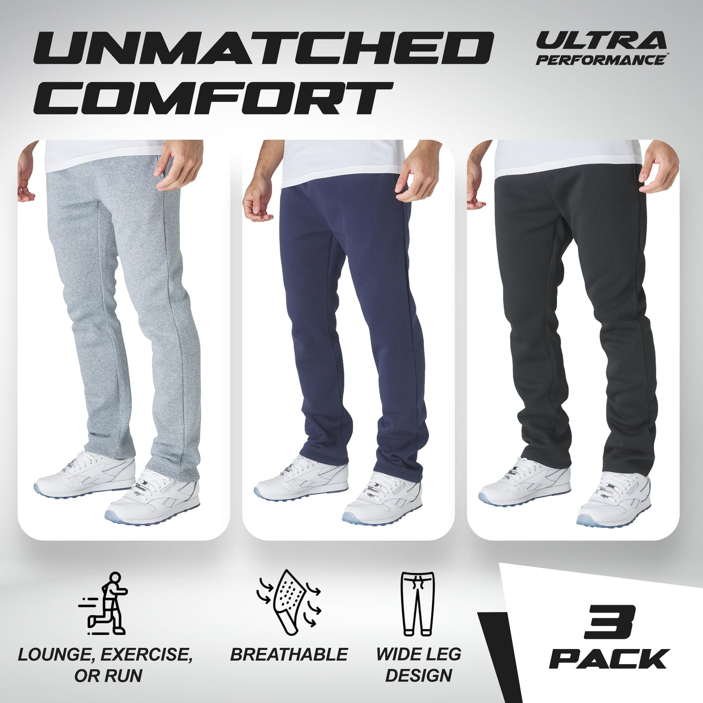 Men's Fleece Open-Hem Workout Sweatpants 3-Pack